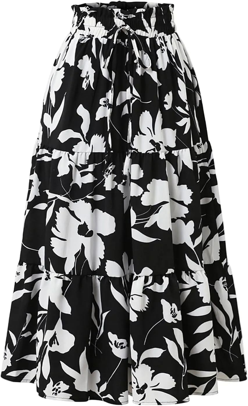 Long Skirts for Women,Elastic High Waisted Womens Boho Maxi Skirt with Pockets Linen Flowy Long Skirts 2025 Trendy