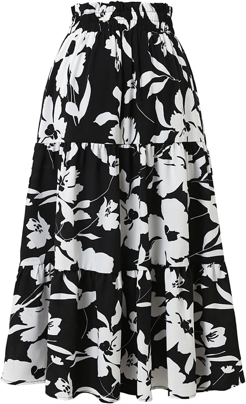 Long Skirts for Women,Elastic High Waisted Womens Boho Maxi Skirt with Pockets Linen Flowy Long Skirts 2025 Trendy