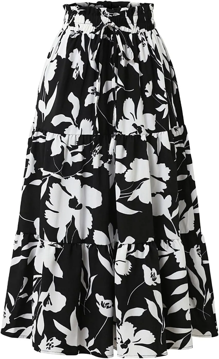 Long Skirts for Women,Elastic High Waisted Womens Boho Maxi Skirt with Pockets Linen Flowy Long Skirts 2025 Trendy