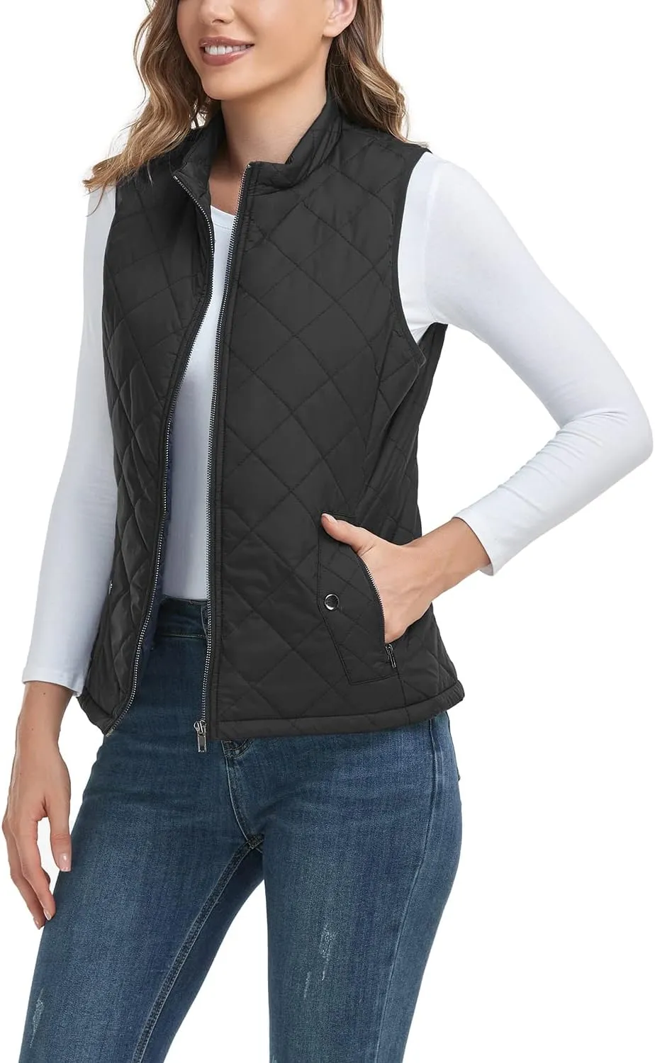 LONGKING 2025 Upgraded, Women's Outwear Vest With One Inner Pocket - Stand Collar Lightweight Zip Quilted Vest for Women
