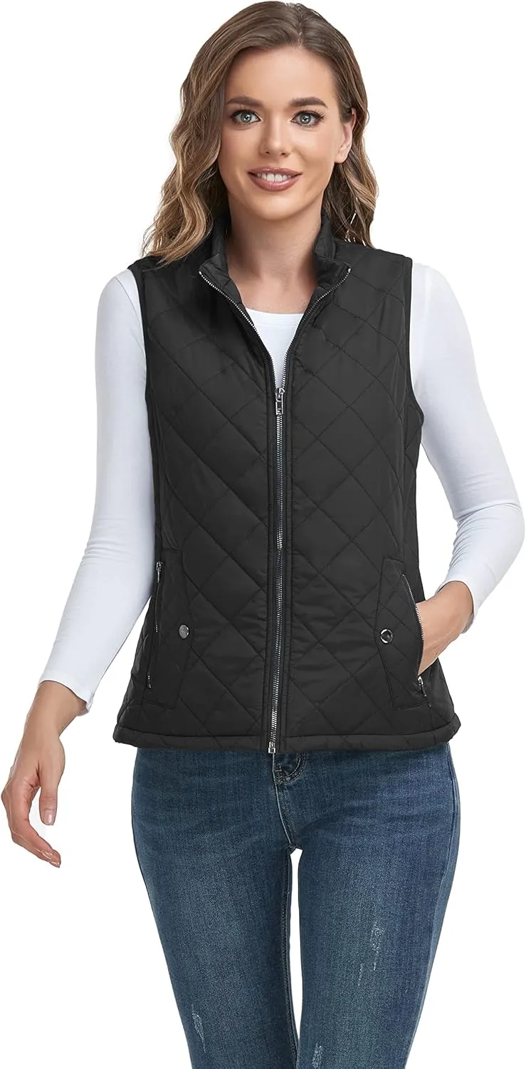 LONGKING 2025 Upgraded, Women's Outwear Vest With One Inner Pocket - Stand Collar Lightweight Zip Quilted Vest for Women