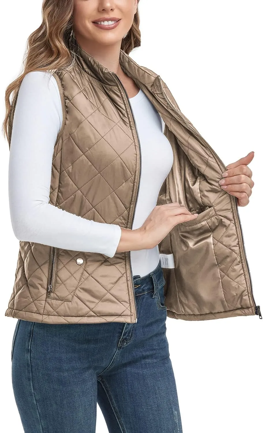 LONGKING 2025 Upgraded, Women's Outwear Vest With One Inner Pocket - Stand Collar Lightweight Zip Quilted Vest for Women