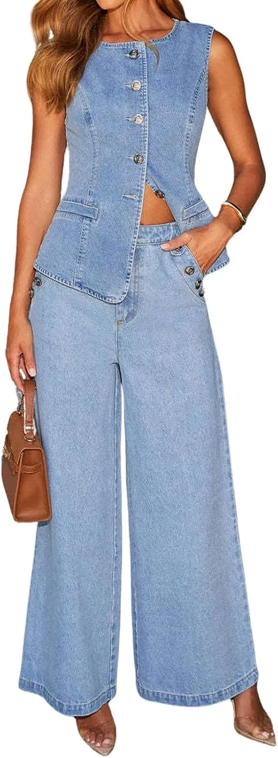 loveimgs Women 2 Piece Denim Set Button Sleeveless Jean Vest Denim Top Y2k Shirt Wide Leg Jeans Palazzo Pants Outfits