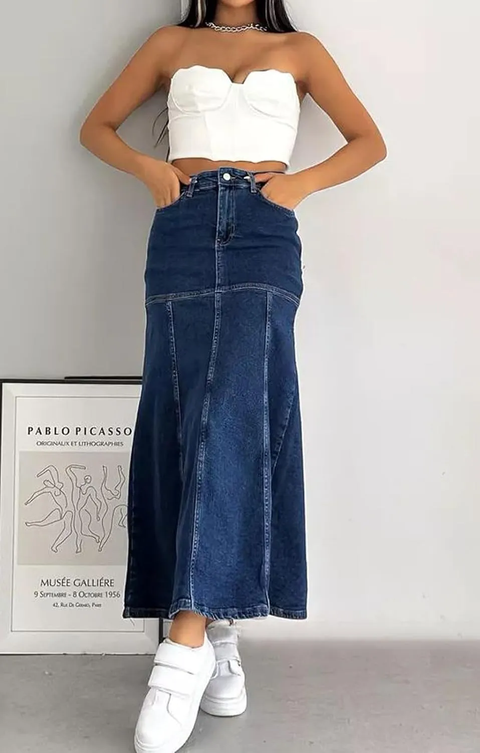 loveimgs Women Vintage Long Denim Skirt A Line Maxi Jean Skirt Y2k Patchwork High Waist Flare Skirt with Pocket