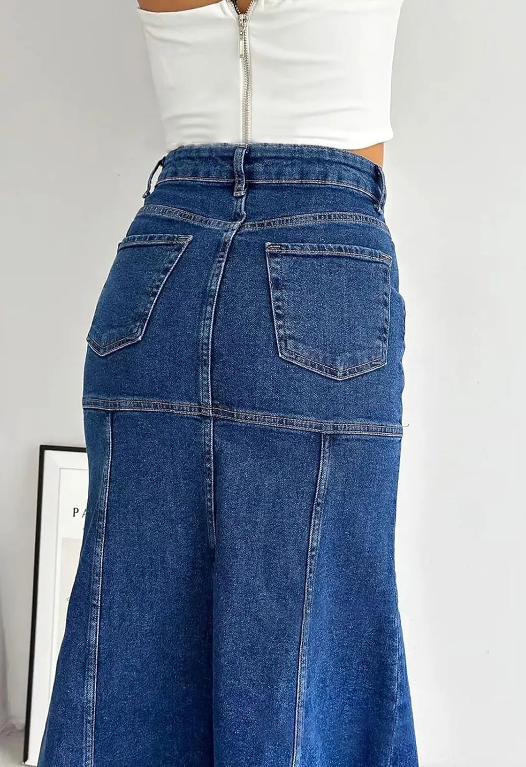 loveimgs Women Vintage Long Denim Skirt A Line Maxi Jean Skirt Y2k Patchwork High Waist Flare Skirt with Pocket