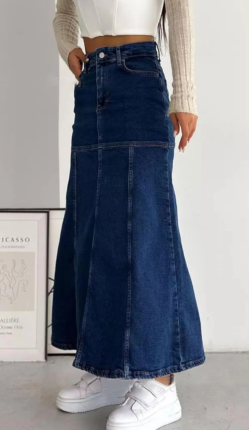 loveimgs Women Vintage Long Denim Skirt A Line Maxi Jean Skirt Y2k Patchwork High Waist Flare Skirt with Pocket
