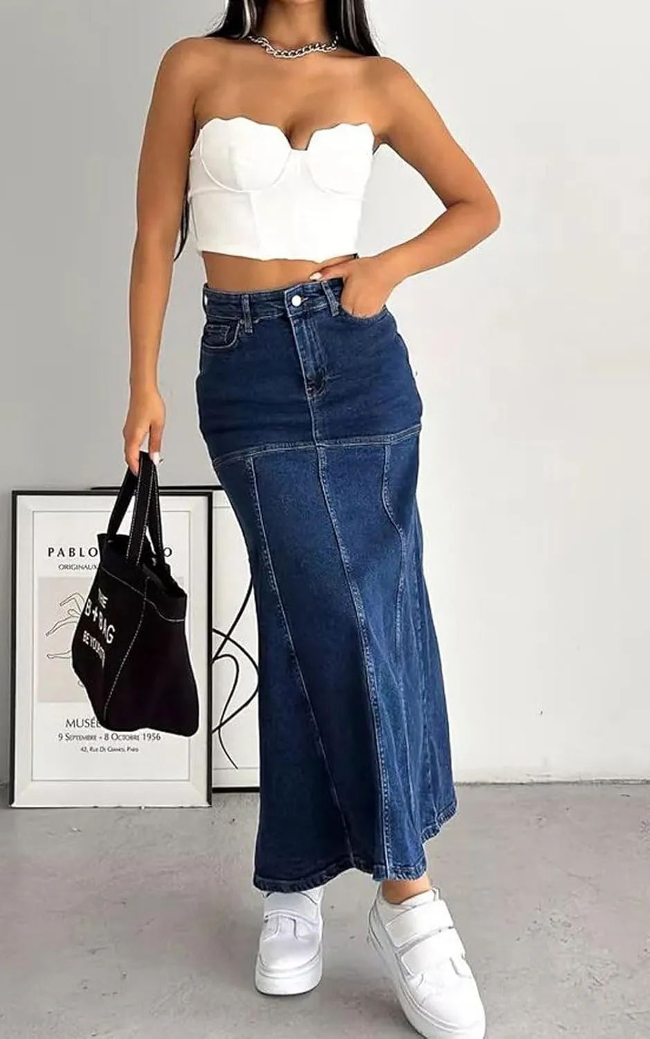 loveimgs Women Vintage Long Denim Skirt A Line Maxi Jean Skirt Y2k Patchwork High Waist Flare Skirt with Pocket