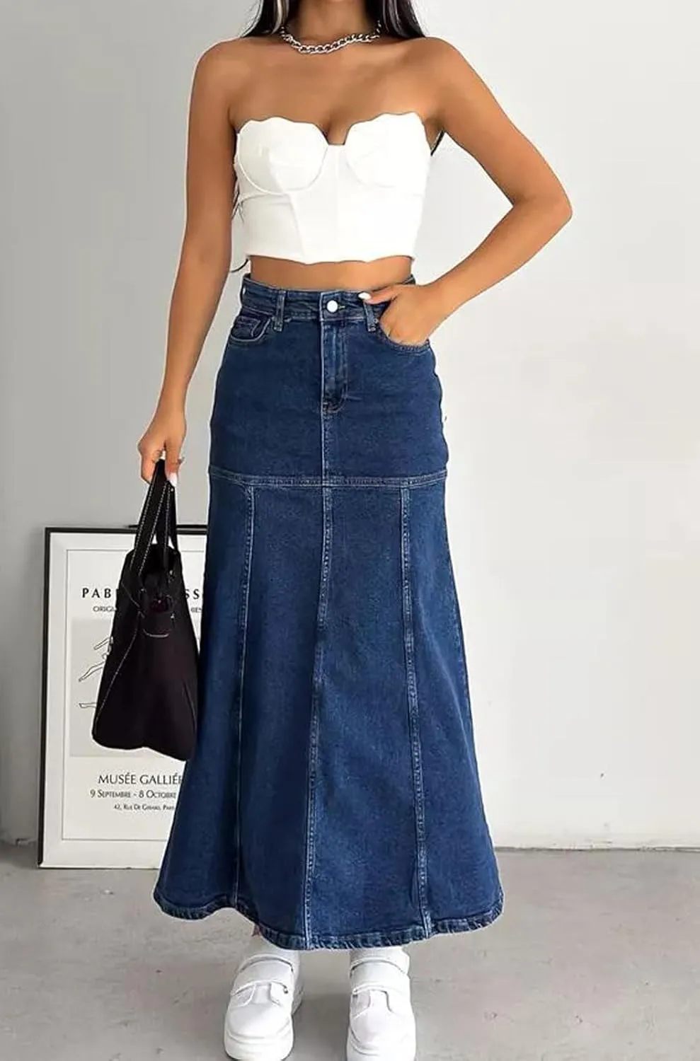 loveimgs Women Vintage Long Denim Skirt A Line Maxi Jean Skirt Y2k Patchwork High Waist Flare Skirt with Pocket