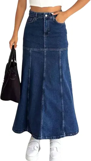 loveimgs Women Vintage Long Denim Skirt A Line Maxi Jean Skirt Y2k Patchwork High Waist Flare Skirt with Pocket