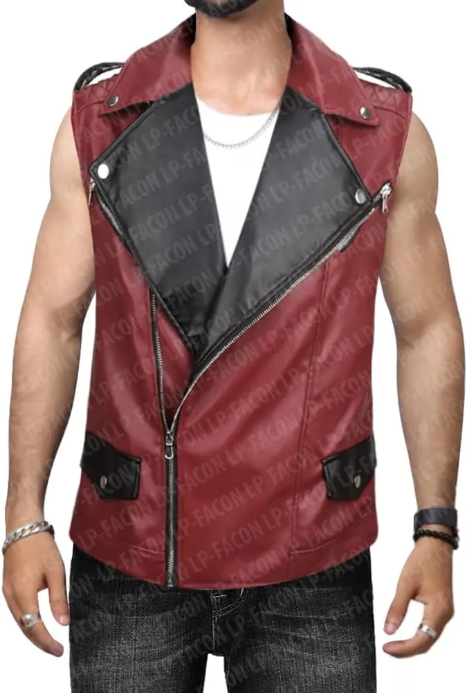 LP-FACON Mens Spikes Studded Rock Punk Red Leather Vest Motorcycle Brando Biker Leather Jacket Real/Faux