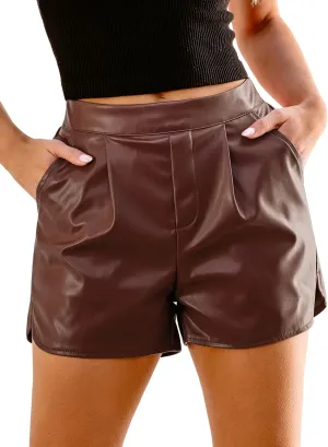 luvamia Faux Leather Shorts for Women High Wasited Pull On Pleated Side Slit Pleather Shorts with Elastic Waist Pockets