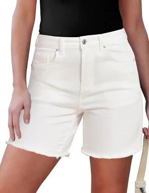 luvamia FleXclusive Jean Shorts for Women Trendy High Waisted Stretchy Denim Summer Raw Hem Mom Long Shorts Cutoff Jorts
