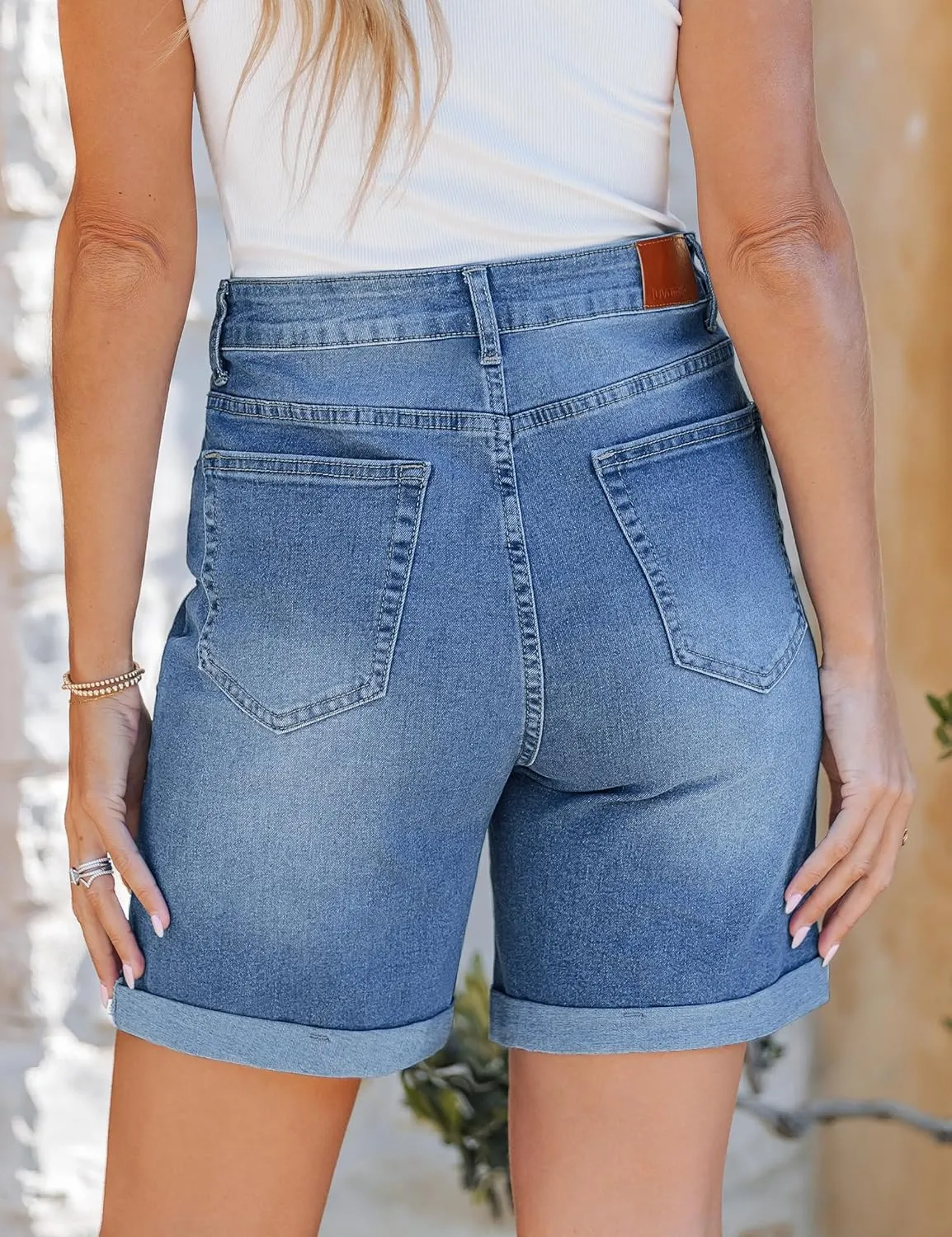 luvamia Jean Shorts for Women High Waisted Trendy Causal Summer Fold Hem Stretchy Long Denim Shorts 7 Inch Inseam