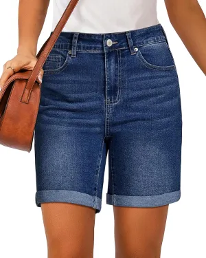 luvamia Jean Shorts for Women High Waisted Trendy Causal Summer Fold Hem Stretchy Long Denim Shorts 7 Inch Inseam