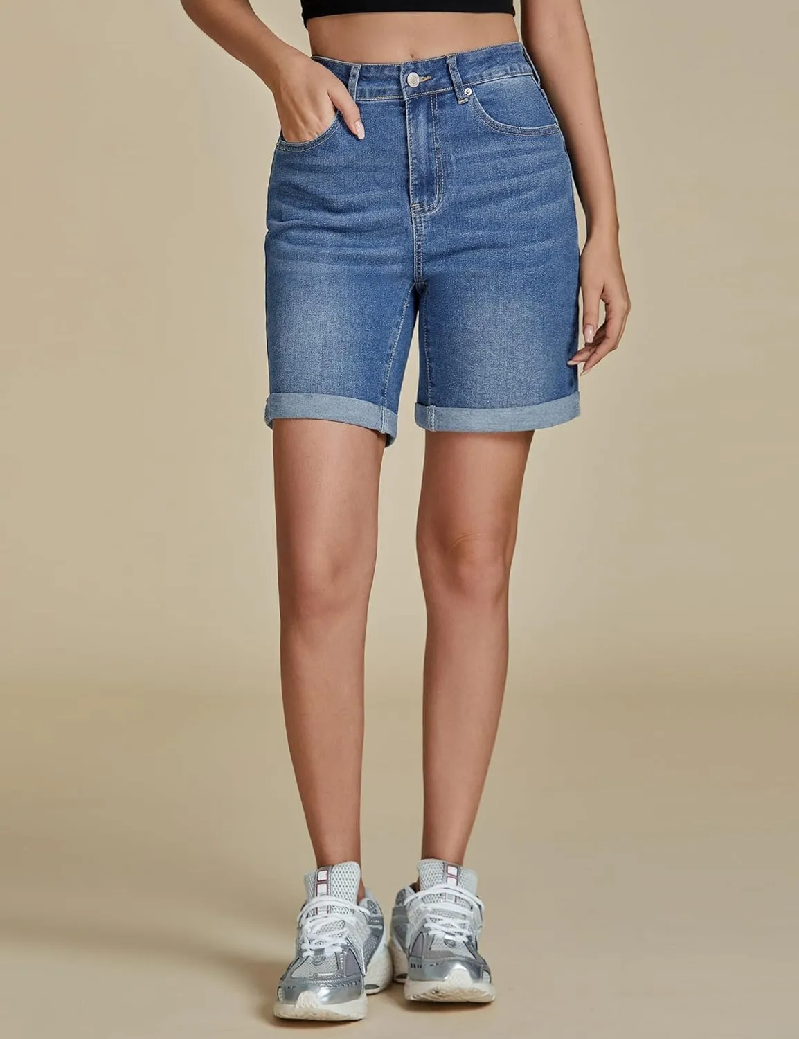 luvamia Jean Shorts for Women High Waisted Trendy Causal Summer Fold Hem Stretchy Long Denim Shorts 7 Inch Inseam