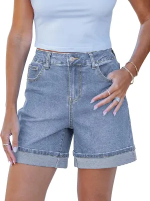 luvamia Jean Shorts for Women Trendy High Waisted Mid Thigh Fold Hem Cutoff Casual Summer Stretchy Denim Shorts Jorts