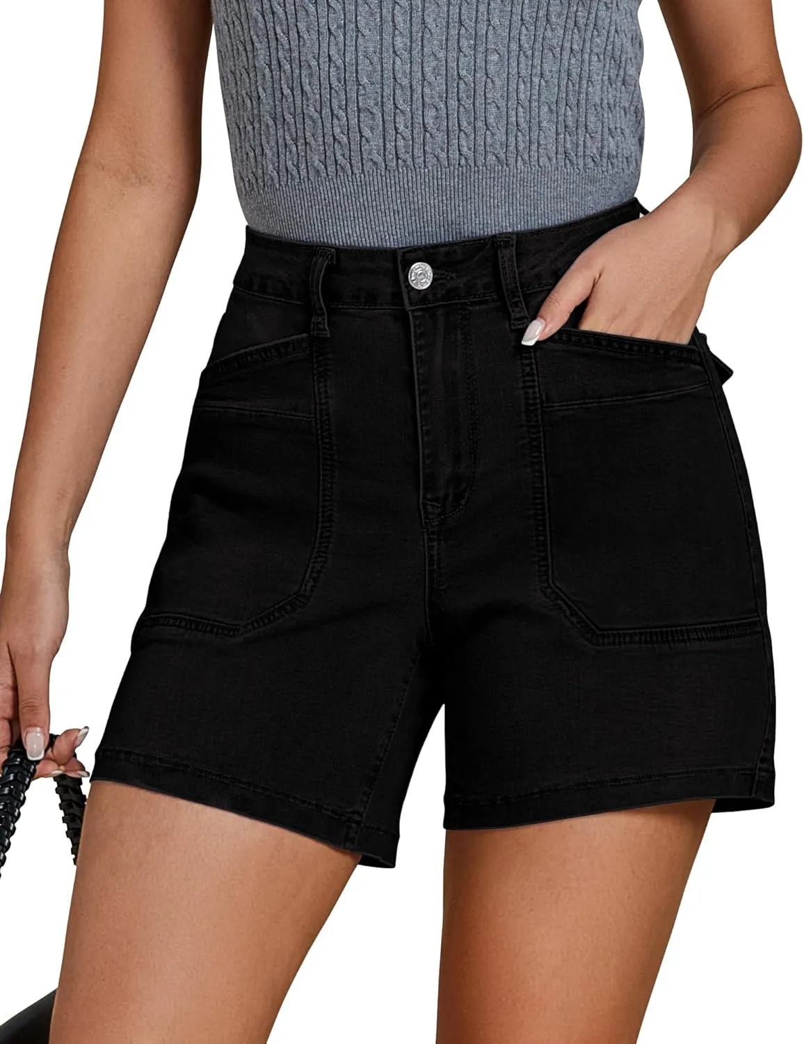 luvamia Jean Shorts for Women Trendy Mid Rise Casual Summer Jorts Distressed Cut Off Stretchy Denim Shorts with Pockets