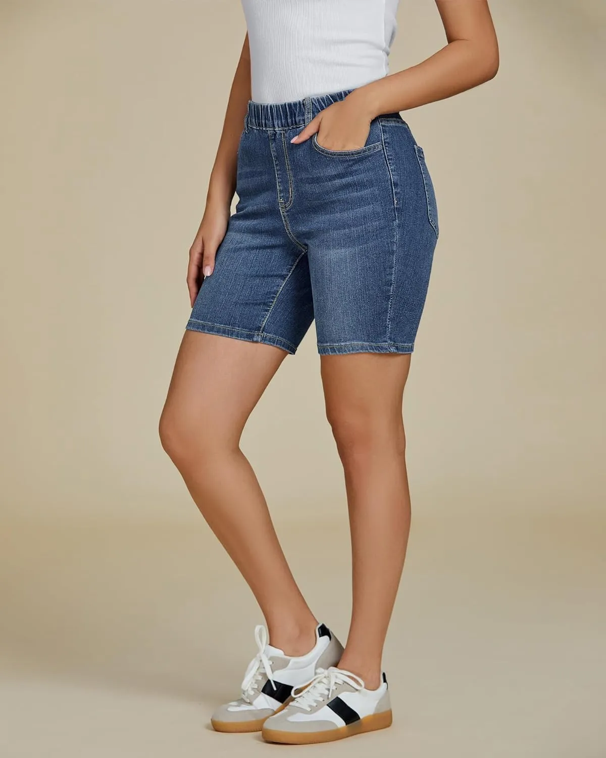 luvamia Jean Shorts for Women Trendy Pull On Mid Rise Elastic Waist Summer Casual Stretchy Long Denim Walking Shorts