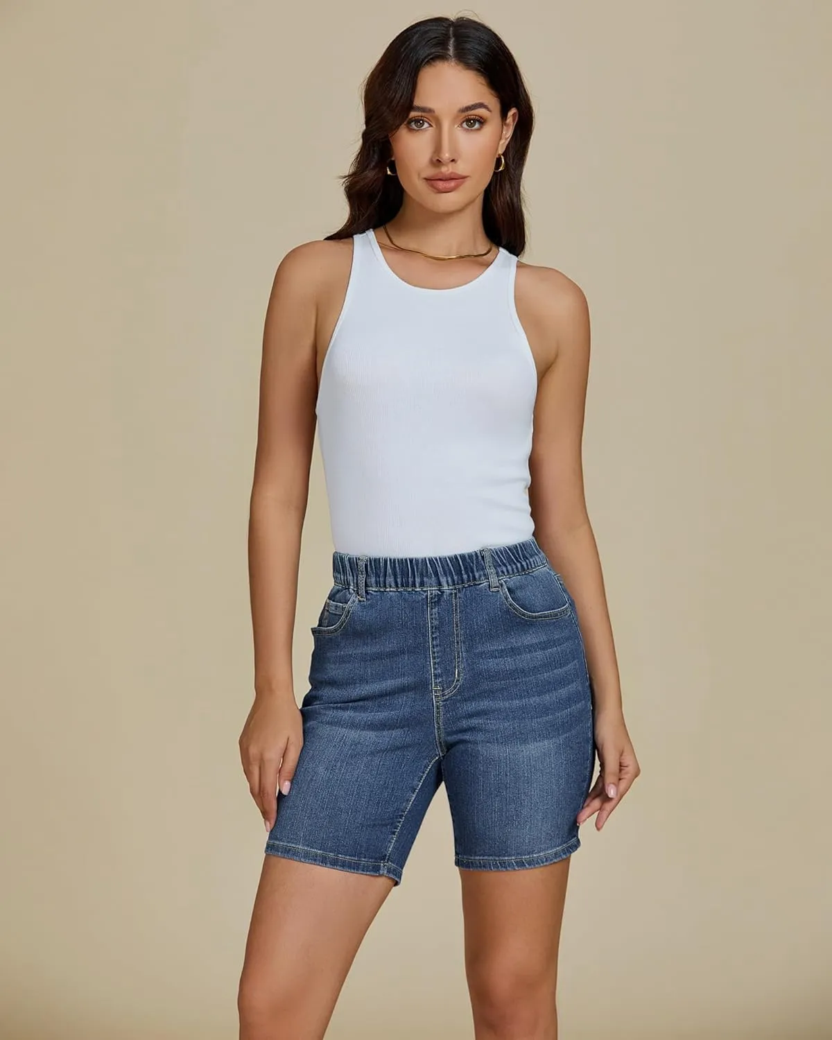 luvamia Jean Shorts for Women Trendy Pull On Mid Rise Elastic Waist Summer Casual Stretchy Long Denim Walking Shorts