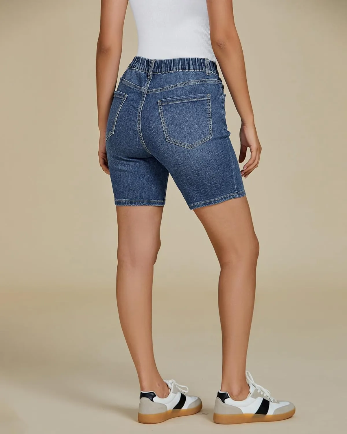 luvamia Jean Shorts for Women Trendy Pull On Mid Rise Elastic Waist Summer Casual Stretchy Long Denim Walking Shorts