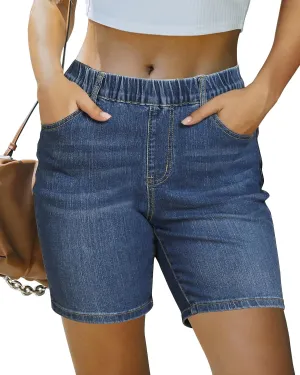 luvamia Jean Shorts for Women Trendy Pull On Mid Rise Elastic Waist Summer Casual Stretchy Long Denim Walking Shorts