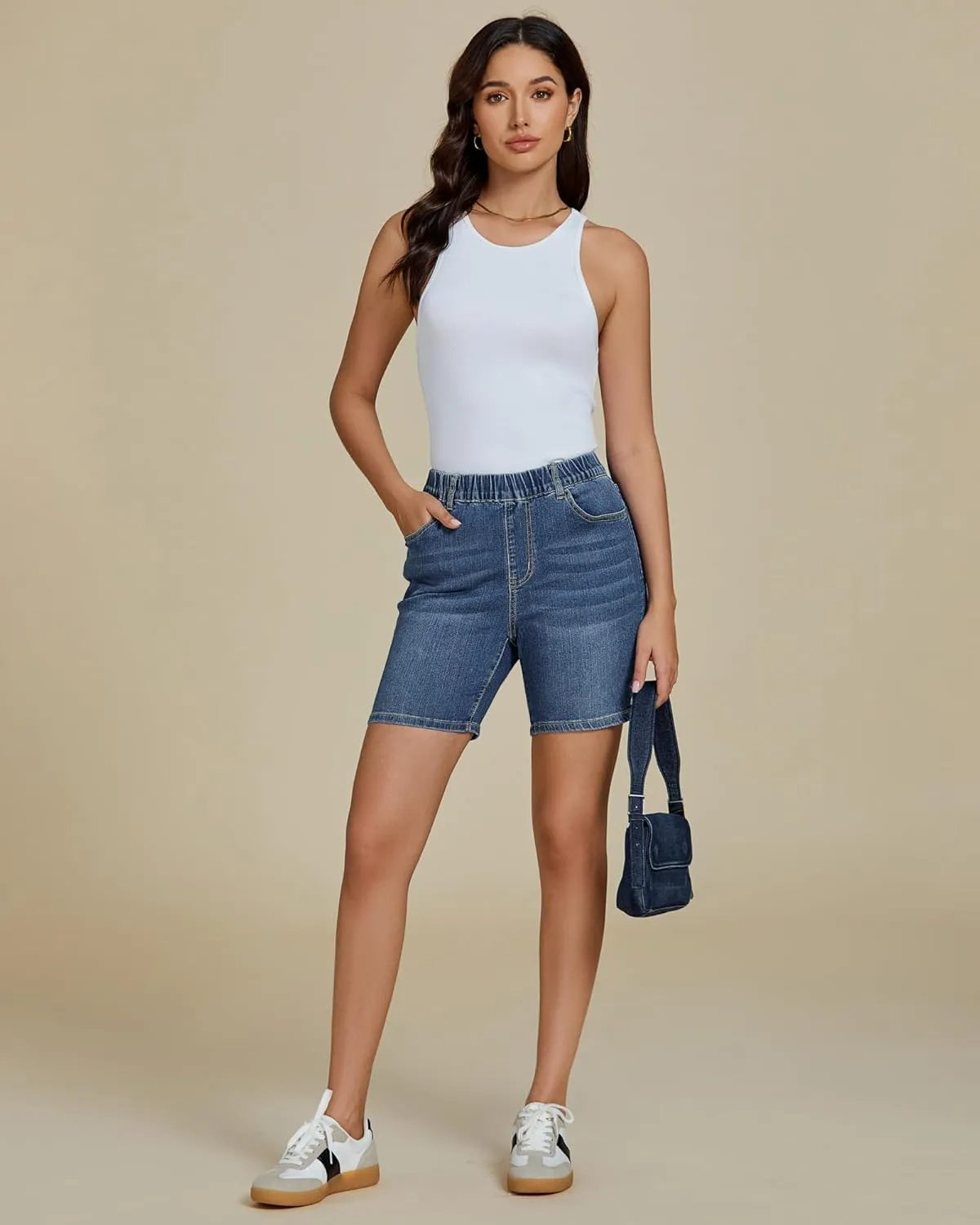 luvamia Jean Shorts for Women Trendy Pull On Mid Rise Elastic Waist Summer Casual Stretchy Long Denim Walking Shorts