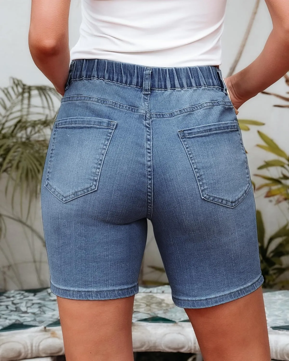 luvamia Jean Shorts for Women Trendy Pull On Mid Rise Elastic Waist Summer Casual Stretchy Long Denim Walking Shorts
