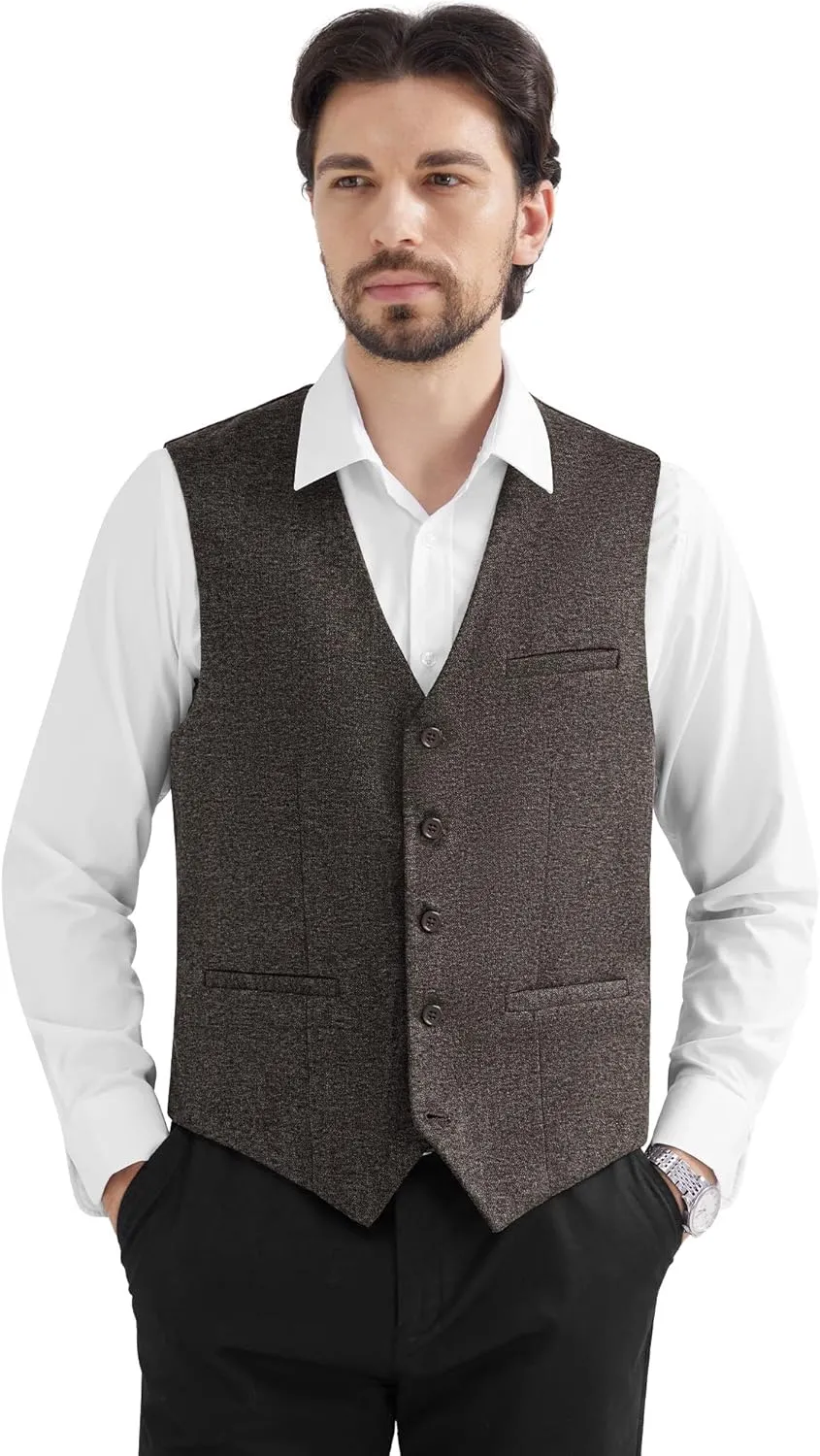 MAGE MALE Men's Suit Vests Business Formal Dress Tweed Vest Slim Fit Casual Waistcoat with 3 Real Pockets