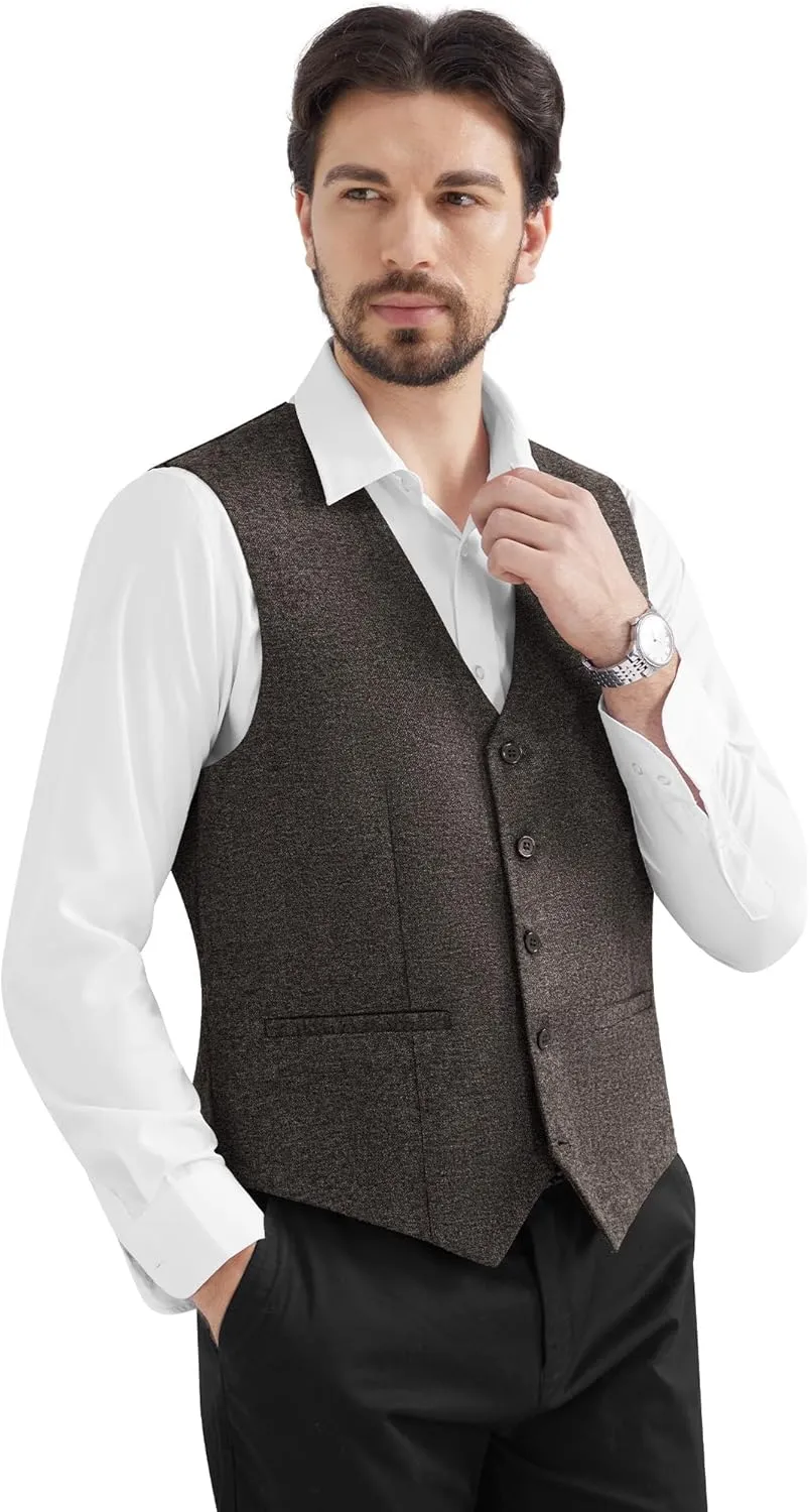 MAGE MALE Men's Suit Vests Business Formal Dress Tweed Vest Slim Fit Casual Waistcoat with 3 Real Pockets