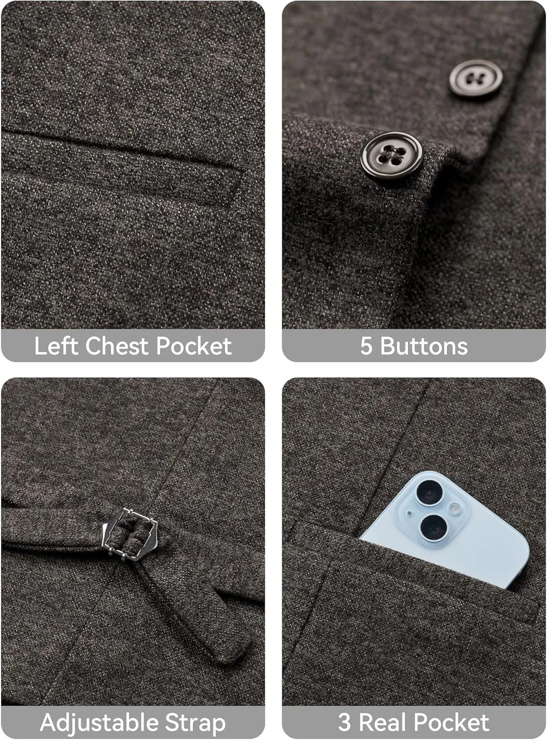 MAGE MALE Men's Suit Vests Business Formal Dress Tweed Vest Slim Fit Casual Waistcoat with 3 Real Pockets