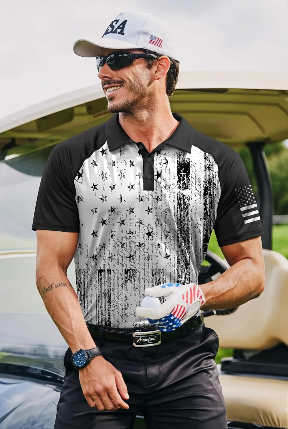 Mainfini Men's Short Sleeve Golf Shirt 1776 USA Flag Graphic Button Polo Shirt (S-3XL)