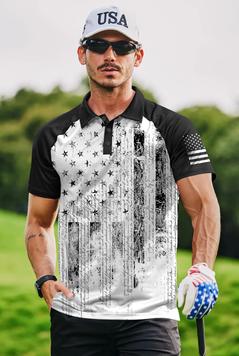 Mainfini Men's Short Sleeve Golf Shirt 1776 USA Flag Graphic Button Polo Shirt (S-3XL)