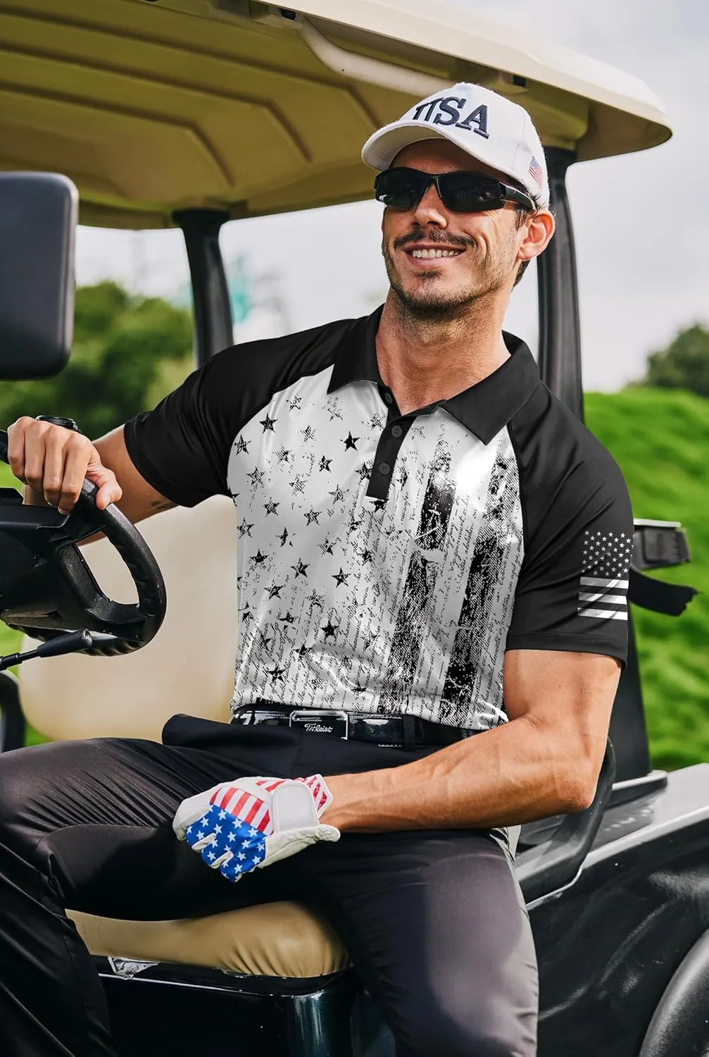 Mainfini Men's Short Sleeve Golf Shirt 1776 USA Flag Graphic Button Polo Shirt (S-3XL)