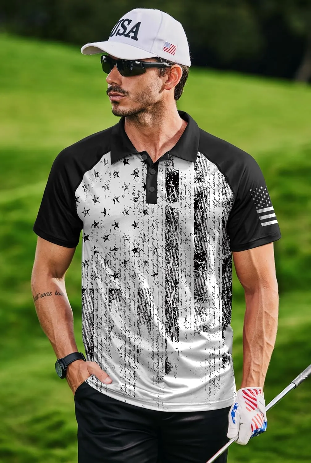 Mainfini Men's Short Sleeve Golf Shirt 1776 USA Flag Graphic Button Polo Shirt (S-3XL)
