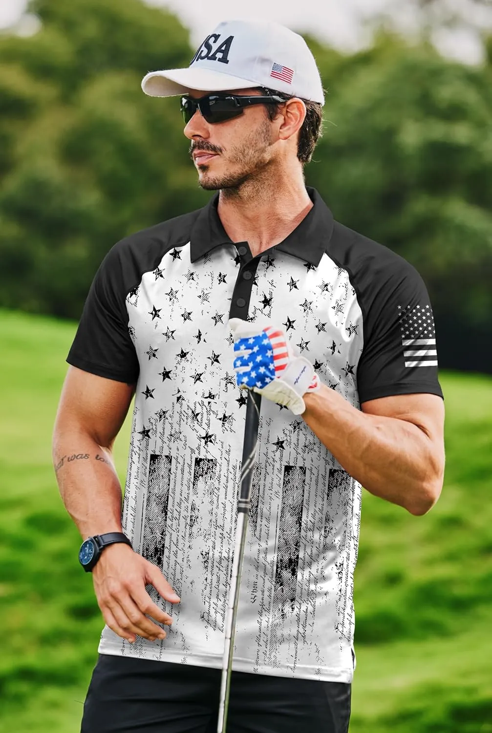 Mainfini Men's Short Sleeve Golf Shirt 1776 USA Flag Graphic Button Polo Shirt (S-3XL)