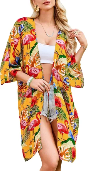MAKABO Swimsuit Kimono Coverup for Women, Hawaiian Beach Bikini Print Cover Ups with Belt and Pockets