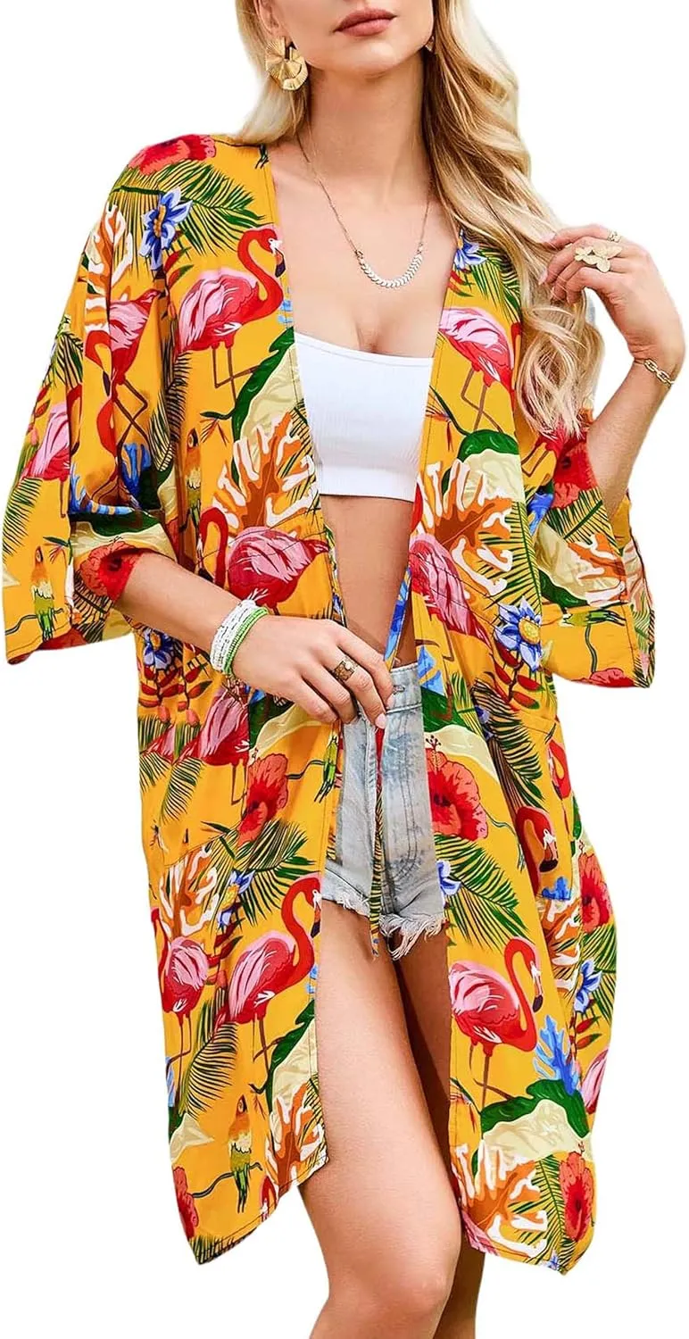 MAKABO Swimsuit Kimono Coverup for Women, Hawaiian Beach Bikini Print Cover Ups with Belt and Pockets