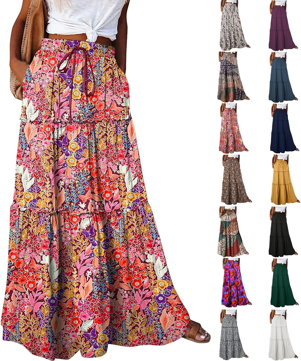 Maxi Boho Skirts for Women Flowy Floral High Waisted Tiered Long Skirts Ladies Casual Bohemian Summer Clothes 2025