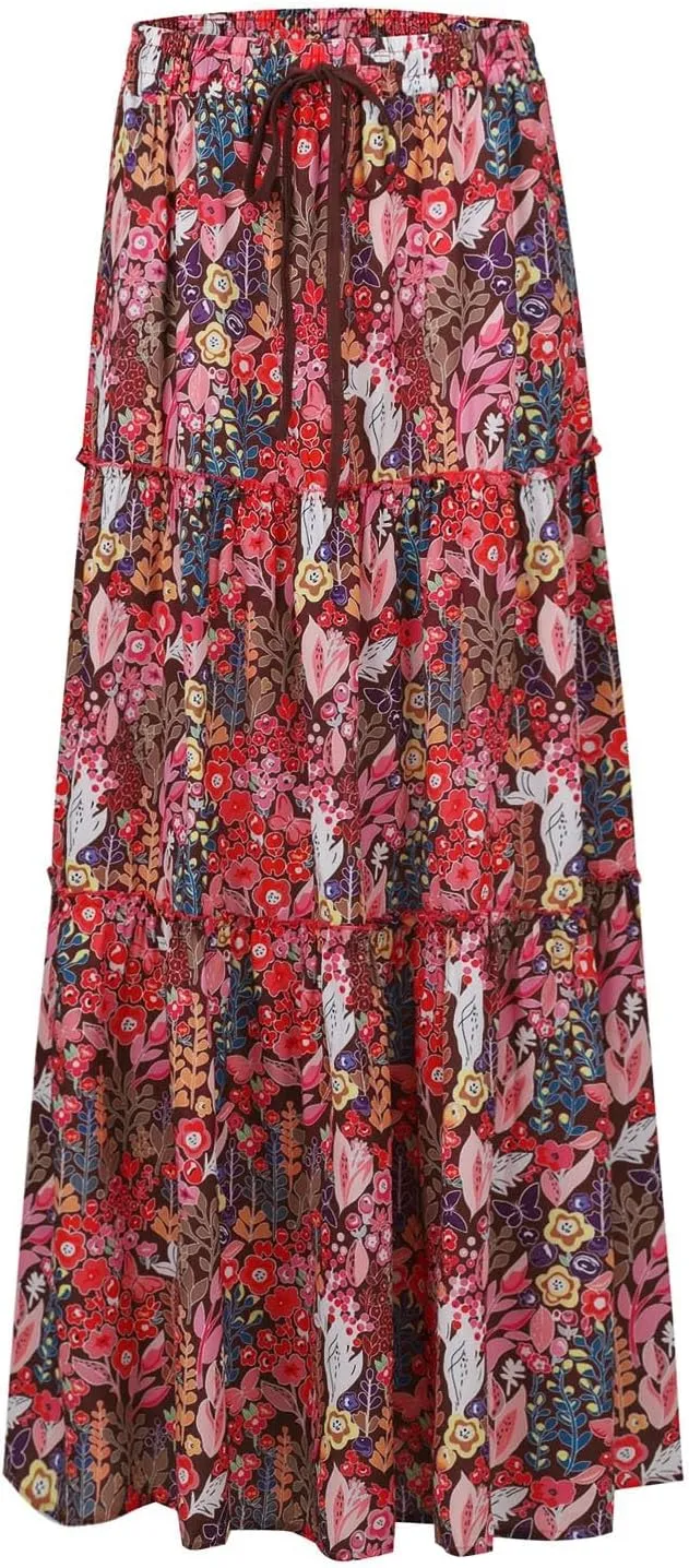 Maxi Boho Skirts for Women Flowy Floral High Waisted Tiered Long Skirts Ladies Casual Bohemian Summer Clothes 2025