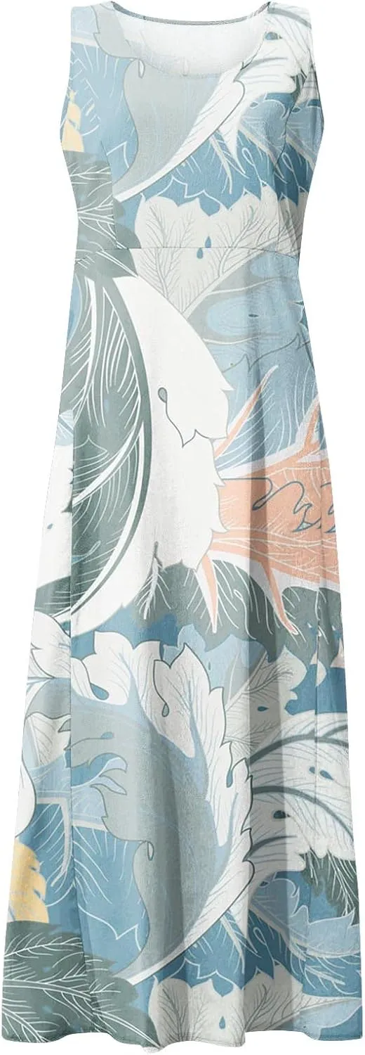 Maxi Dress for Women Cotton Linen Floral Print Casual Long Dress Flowy Sleeveless Round Neck Dresses with Pockets