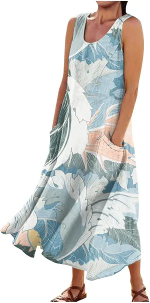 Maxi Dress for Women Cotton Linen Floral Print Casual Long Dress Flowy Sleeveless Round Neck Dresses with Pockets