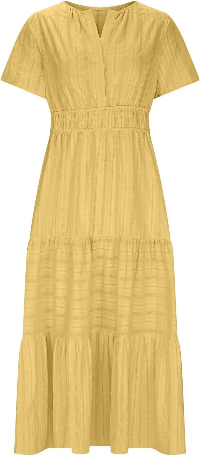 Maxi Dresses for Women 2025 Lightweight Short Sleeve V Neck Elastic Waist Boho Beach Dress Pockets 2025 Summer