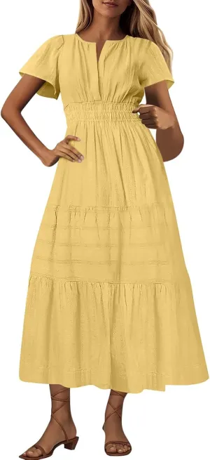 Maxi Dresses for Women 2025 Lightweight Short Sleeve V Neck Elastic Waist Boho Beach Dress Pockets 2025 Summer
