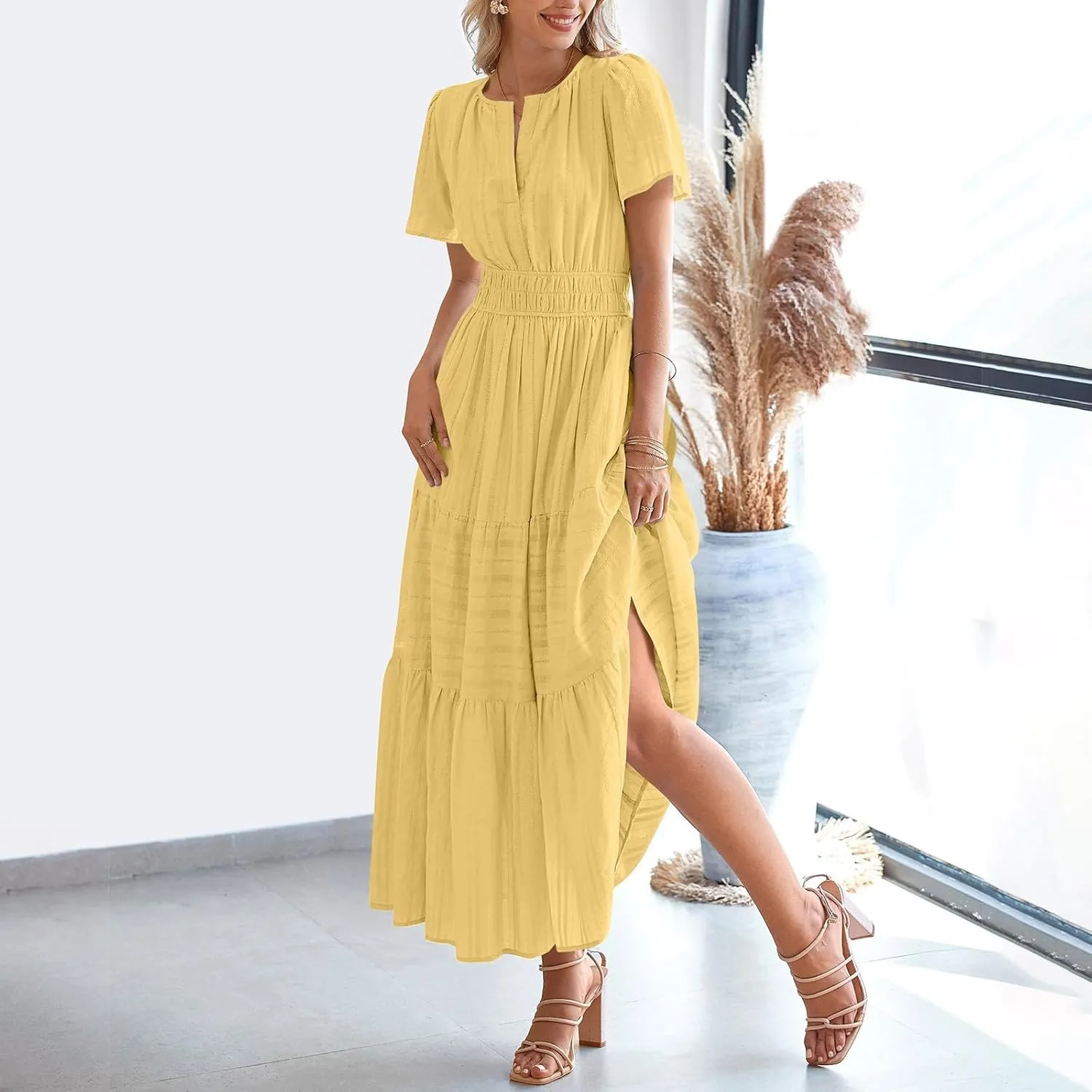 Maxi Dresses for Women 2025 Lightweight Short Sleeve V Neck Elastic Waist Boho Beach Dress Pockets 2025 Summer