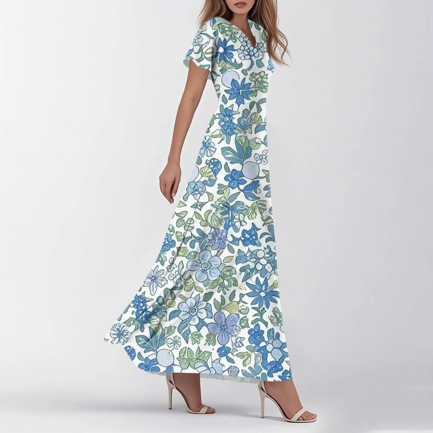 Maxi Dresses for Women 2025 Summer Ruffle Short Sleeve Floral Dress Flowy V Neck Spring Chiffon Maxi Dress Print Long Skirt