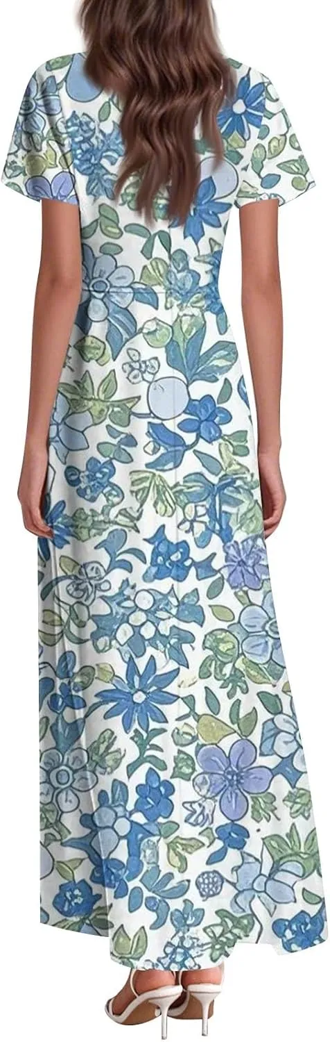 Maxi Dresses for Women 2025 Summer Ruffle Short Sleeve Floral Dress Flowy V Neck Spring Chiffon Maxi Dress Print Long Skirt