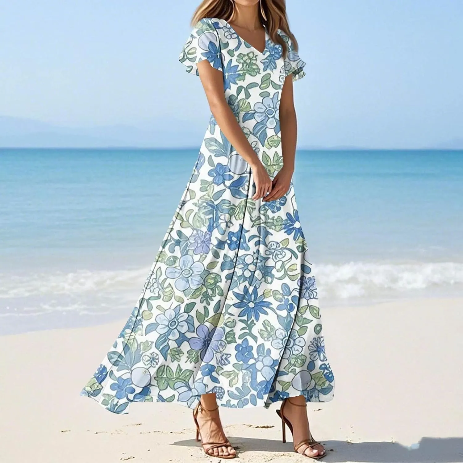 Maxi Dresses for Women 2025 Summer Ruffle Short Sleeve Floral Dress Flowy V Neck Spring Chiffon Maxi Dress Print Long Skirt