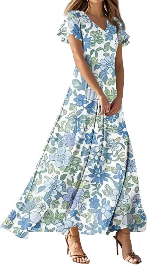 Maxi Dresses for Women 2025 Summer Ruffle Short Sleeve Floral Dress Flowy V Neck Spring Chiffon Maxi Dress Print Long Skirt