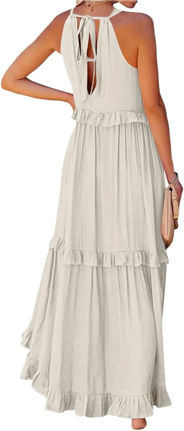 Maxi Dresses for Women 2025 Vacation Swing Flowy Tiered Dress Pretty Garden Halter Neck Long Smocked Ruffle Dresses