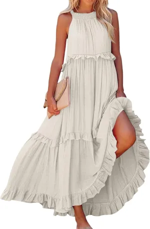 Maxi Dresses for Women 2025 Vacation Swing Flowy Tiered Dress Pretty Garden Halter Neck Long Smocked Ruffle Dresses